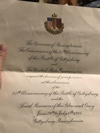 Reunion / Blue & Gray Battle Of Gettysburg 1938 75th Anniversary Invitation