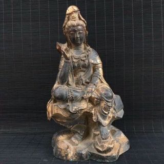 10 " China Old Antique Bronze Gilt Handmade Arya Avalokiteshvara Buddha Statue