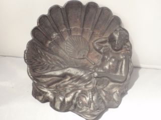 Vintage Brass Art Nouveau Woman Trinket Dish Fan Lady Ashtray Iron Cast