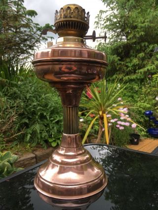 Vintage Copper And Brass Duplex Burner Oil Lamp,  14 Inches High (36cm)