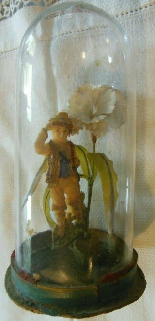 Antique Glass Dome Wax Figure & Carnation Flower 6 1/2 "