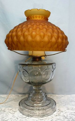 Antique Eapg Oil Lamp Greek Key Amber Quilted Shade Electrified