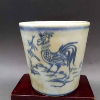 Chinese Blue And White Porcelain Hand Painted Cock & Flower Pattern Cup A420