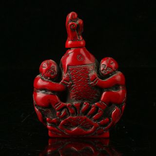 China Exquisite Red Coral Hand Carved Fish & Children Snuff Bottle R2013