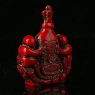 China Exquisite Red Coral Hand Carved Fish & Children Snuff Bottle R2013 4