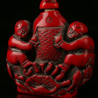 China Exquisite Red Coral Hand Carved Fish & Children Snuff Bottle R2013 5
