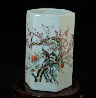 Chinese Old Hand - Made Pastel Porcelain Plum Blossom & Bird Brush Pot B02