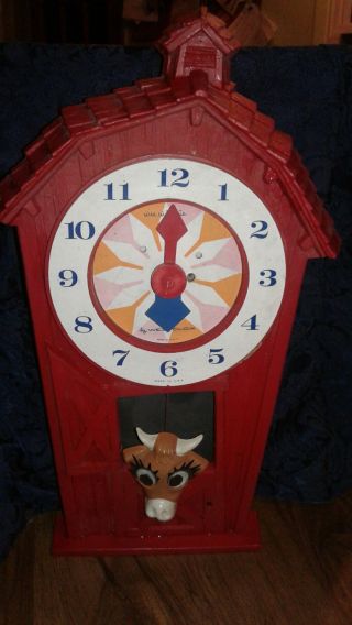 Wee Winkie Wall Clock By Westclox Vintage Rare Little Red Barn With Cow Pendulum