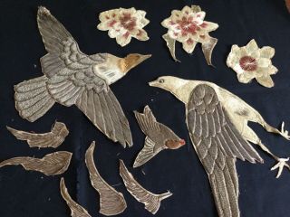 Antique Art Decojapanese Hand Stitched Birds For Applique - Metallic And Silk