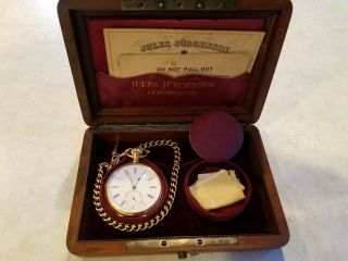 RARE JULES JURGENSEN COPENHAGEN 18K GOLD POCKET WATCH w/ case & 3