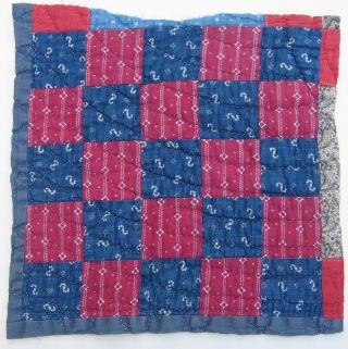 Antique Handmade Quilt Block Claret Indigo Blue Calico 9 x 9 Pillow Candle Mat 2