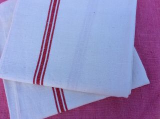 Pair Vintage French Linen Metis Torchons Tea Towels Fleur Bleue Red Stripes