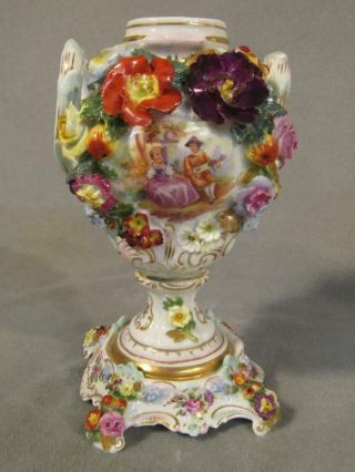 Antique Carl Thieme Dresden Small 7 " Handled Urn W/applied Flowers
