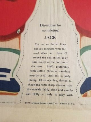 1931 Framed Colored Fabric Doll Pattern,  Jack,  of Jack & Jill Nursery Rhyme Fame 3