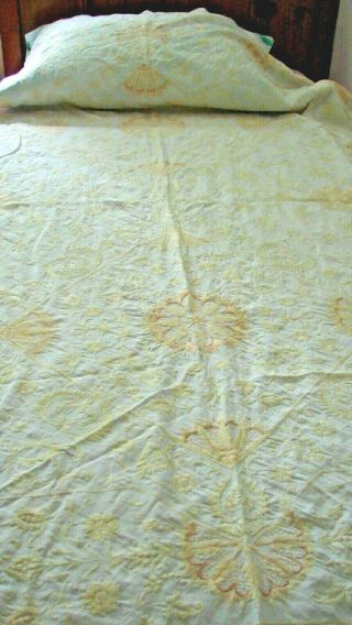 Antique Victorian Early 1900s White Cotton Yellow Embroidered Bed Sheet