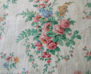 Antique French Cottage Floral Roses Cotton Fabric Pink Tangerine Blue Green