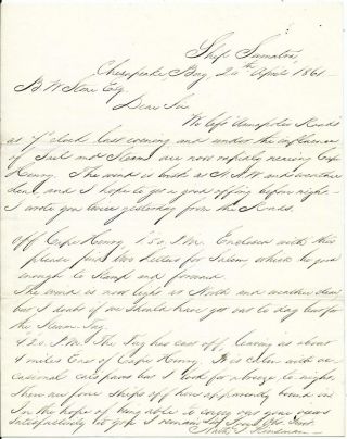 Us Civil War Maritime Ltr From Ship Samantra To B.  Stone (ships Owner) 4/20/1861