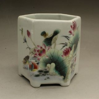 China Old Hand - Carved Porcelain Famille Rose Lotus Pond Hexagonal Brush Pot C01