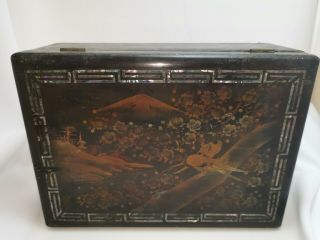 Vintage C Late 19th Century Japanese Wooden Box Mother Of Pearl Inlaid Oriental