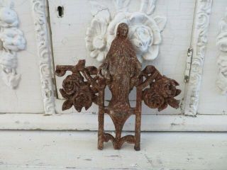 The Best Old French Cast Metal Cross Fragment Madonna Roses Chippy Rusty Patina