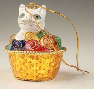 Vintage Chinese Cloisonne Enamel Statue Figurines Pendant Animal Cat Baskets