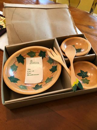 Munising Vintage Hand Painted Salad Bowl Set In Package Ivy Design
