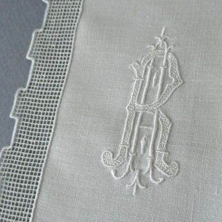 8 Fine French Linen 13 " X7 " Napkins Mosaic Punchwork Hand Embroidered Monogram