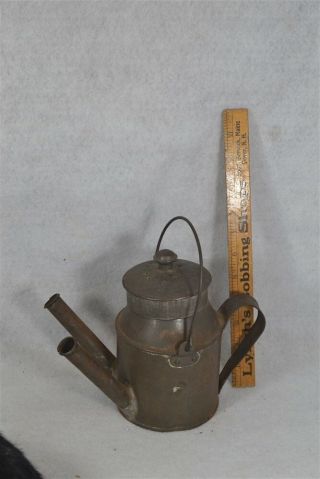 Antique Lamp Lantern Oil Double Spout Tin Sit Carry Hang Eel Rare 1800