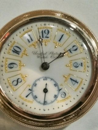 United States Watch Co.  Rare Fancy Dial 11 Jewels 14k.  Gold Filled Hunter Case.