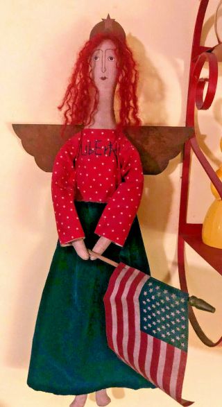 PRIMITIVE FOLK ART AMERICANA PATRIOTIC LIBERTY DOLL,  OOAK SIGNED,  JULY 4 5