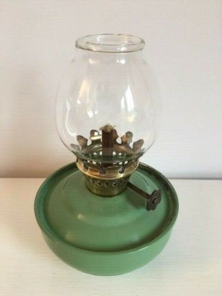 Vintage Green Enamel,  Brass Kelly/ Nursery Oil Lamp - Weighted Base/clear Shade