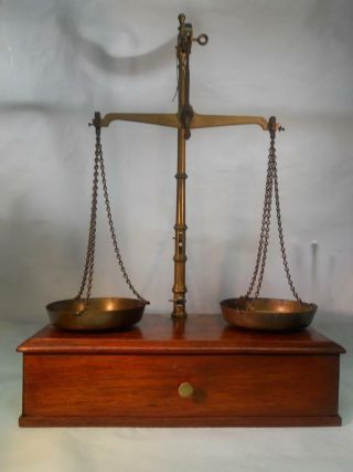 Vintage Scales On Mahogany Base With Drawer And Weights