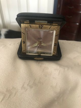 Vintage Elgin Travel Alarm Clock In Folding Case Hands Glow In Dark Japan