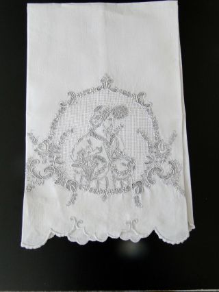 Antique Linens - Appenzell Tea Towel W/lady In Period Dress