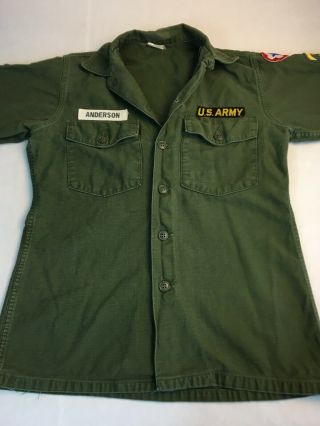 Vtg Us Army Fatigue Shirt Men’s 15 1/2 X 35 Vietnam War Og 107 Sateen Patches