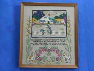 Antique 1933 Sampler Signed Framed Art Stitchery,  Felt Applique Embroidery A K