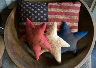 Primitive Handmade Americana Star Bowl Fillers And Flag Pillow