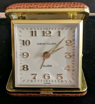 Vintage Westclox Travel Alarm Clock W/brown Vinyl Box Hard Folding Case -