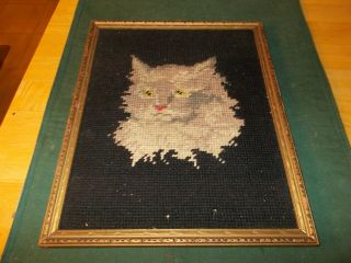Early 190ss Needlepoint Picture Of A Gray Cat 