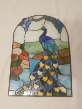 Stained Glass Peacock Window Panel Handcrafted Tiffany Style.  Heavy 11 " X16 "