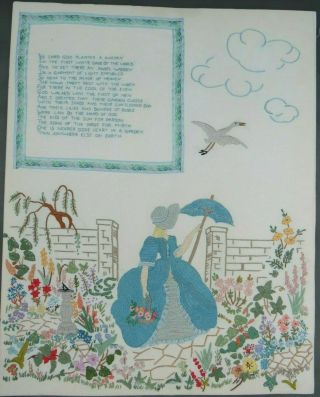 Vintage Crinoline Lady In Garden Embroidery & The Lord God Planted A Garden Poem