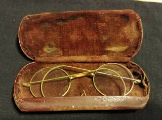 Antique Spectacles Round Wire Frame Eyeglasses Stamped Usa Collectible With Case