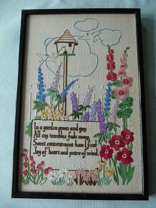 Vintage Hand Embroidered Picture Of Little Birdhouse& Garden/ Verse