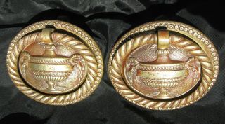 2 Antique 19c American Classic Federal Drawer Hardware Brass Ring Pulls Urns