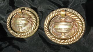 2 Antique 19C American Classic Federal Drawer Hardware Brass Ring Pulls Urns 3