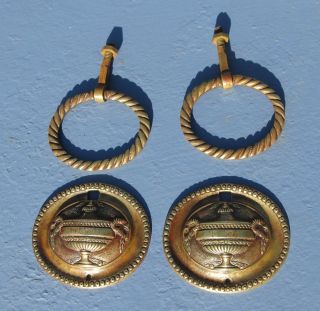2 Antique 19C American Classic Federal Drawer Hardware Brass Ring Pulls Urns 4