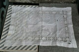 Antique Chinese Fine Linen Hand Embroidered 5 Claw Dragon Cloth - Reticella Lace