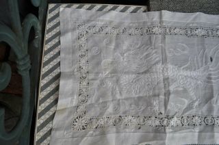 Antique Chinese Fine Linen Hand Embroidered 5 Claw Dragon Cloth - Reticella Lace 2