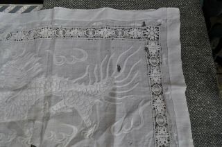 Antique Chinese Fine Linen Hand Embroidered 5 Claw Dragon Cloth - Reticella Lace 3