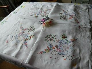 Vintage Hand Embroidered Tablecloth/ Exquisite Crinoline Ladies/rose Gardens